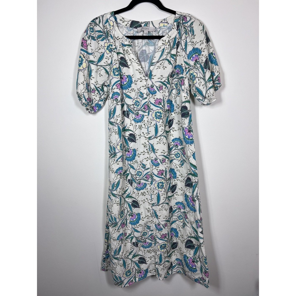 LOFT XS Linen Blend Floral Midi Dress Boho Cottagecore Puff Sleeve Button Front